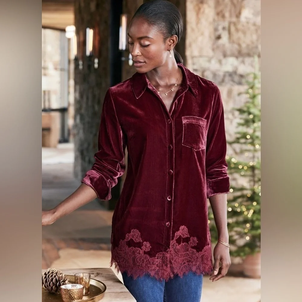 Soft Surroundings Eden Velvet and Lace Top Cabernet 1X - Picture 9 of 9